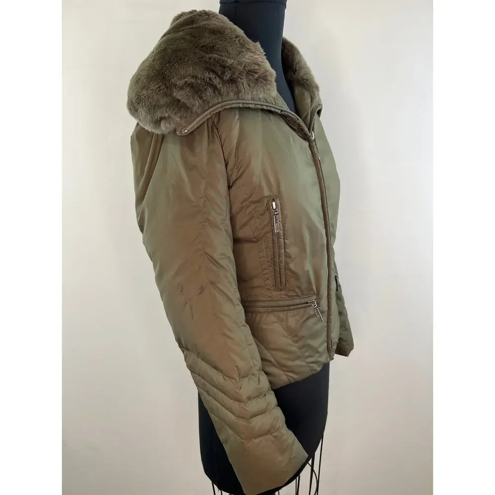 ADD Olive Green Long Sleeve Oversized Fur Collar Womens Down Jacket Size 2
